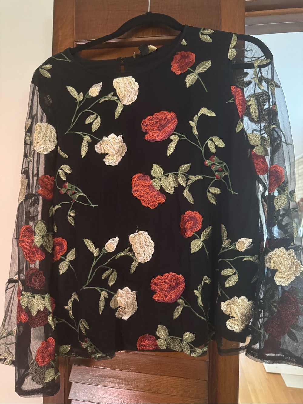 Dalia Black Sheer Mesh Blouse with Red & Cream Floral Embroidery